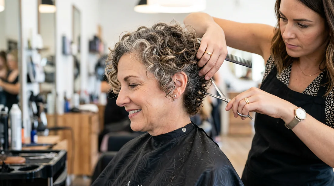 Coiffeur réalisant une coupe bixie sur cheveux bouclés