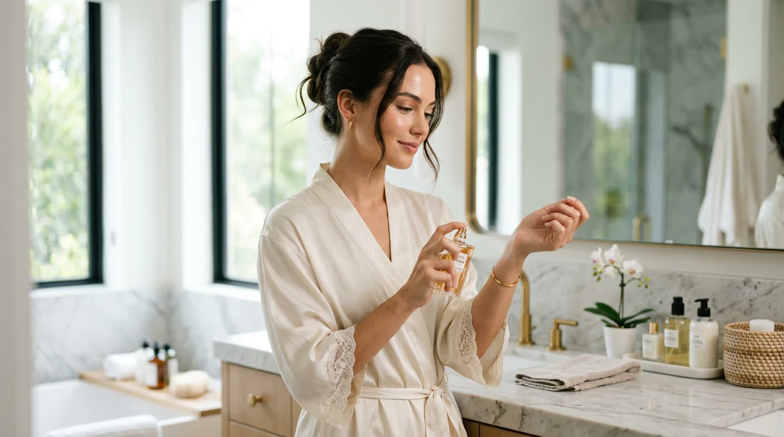 Femme appliquant du parfum sur son poignet dans une salle de bain lumineuse