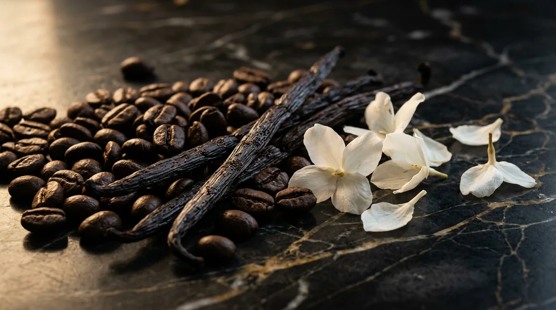Grains de café, gousse de vanille et fleurs de jasmin pour illustrer la pyramide olfactive