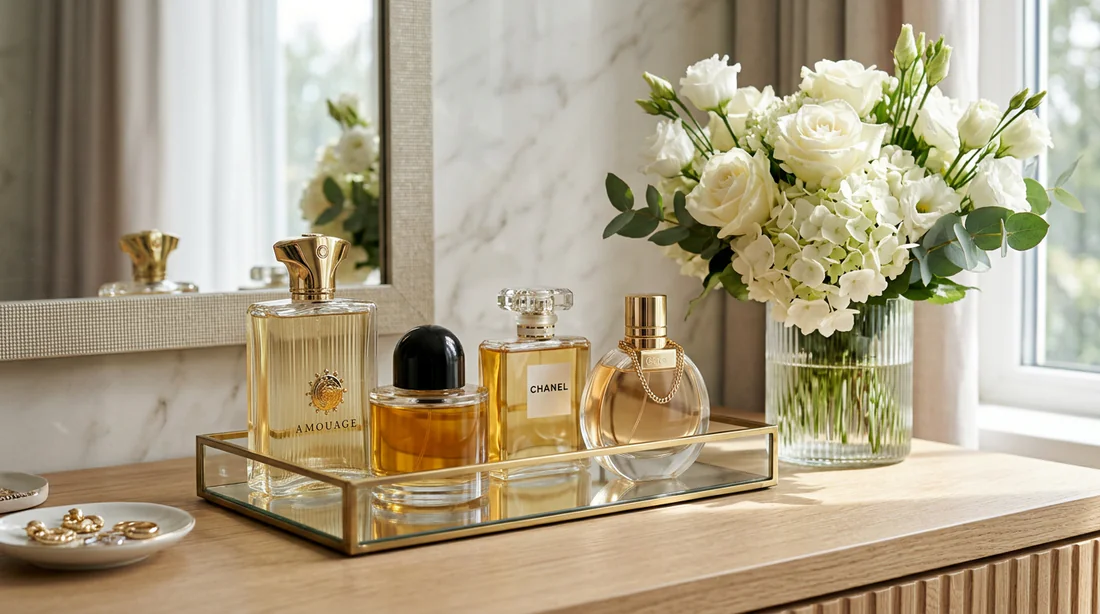 Flacons de parfums tendance disposés sur une coiffeuse moderne