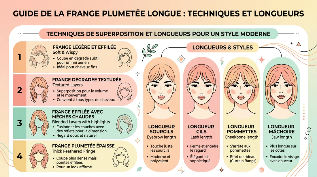 Infographie schématique des longueurs et effilages pour une frange sur mesure