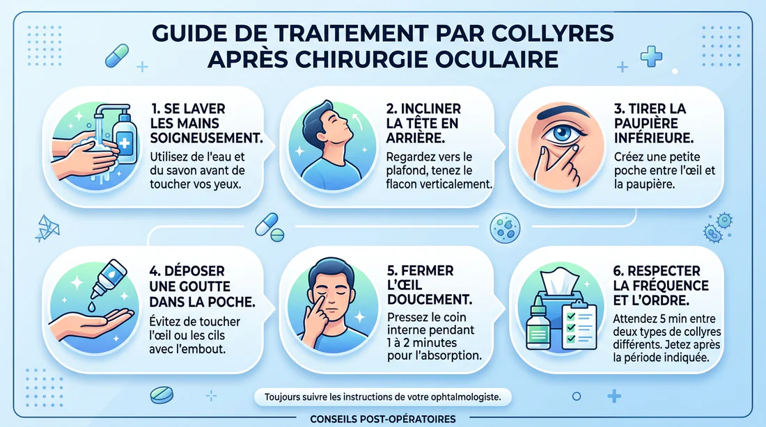 Infographie expliquant les étapes des soins post-opératoires pour les yeux