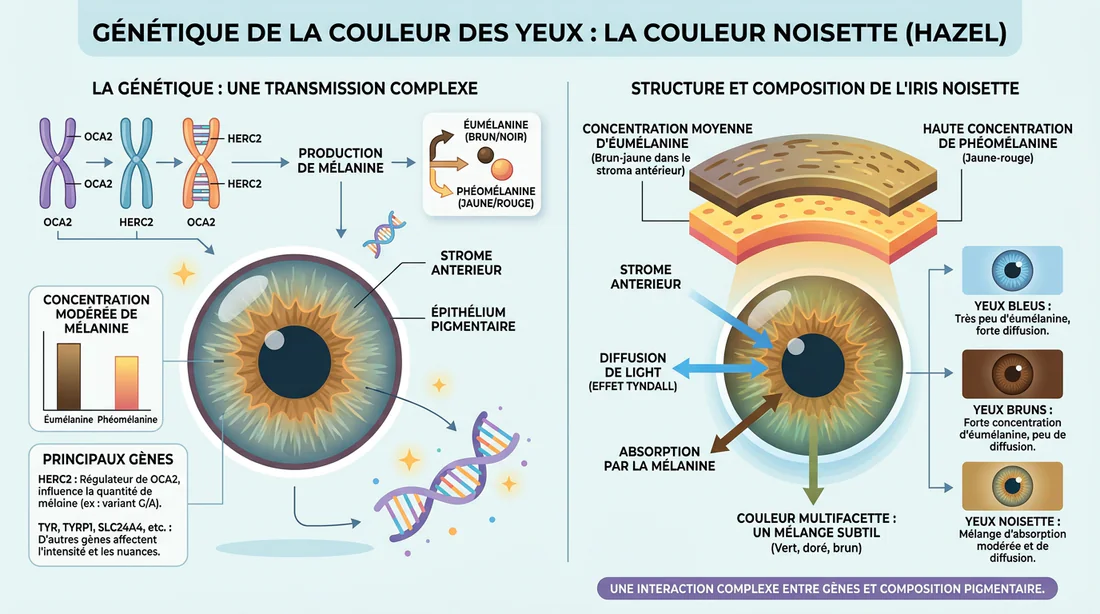Infographie expliquant la génétique et la répartition de la mélanine dans les yeux hazel