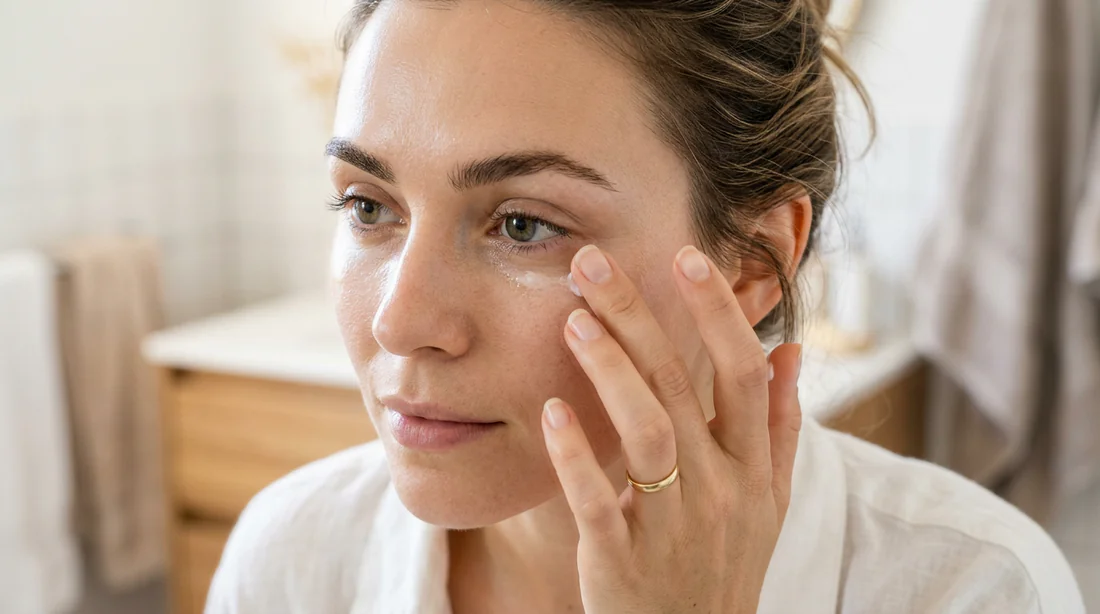 Application d'un soin contour des yeux par tapotement avec l'annulaire