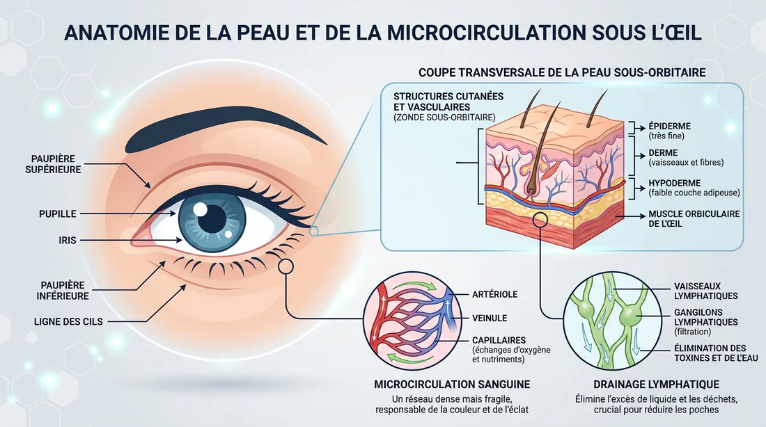 Schéma explicatif de l'anatomie du contour de l'œil et des poches