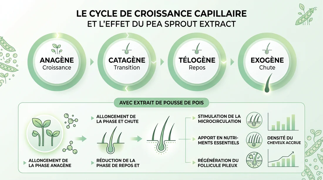 Infographie expliquant le cycle de croissance du cheveu et l'effet du sérum