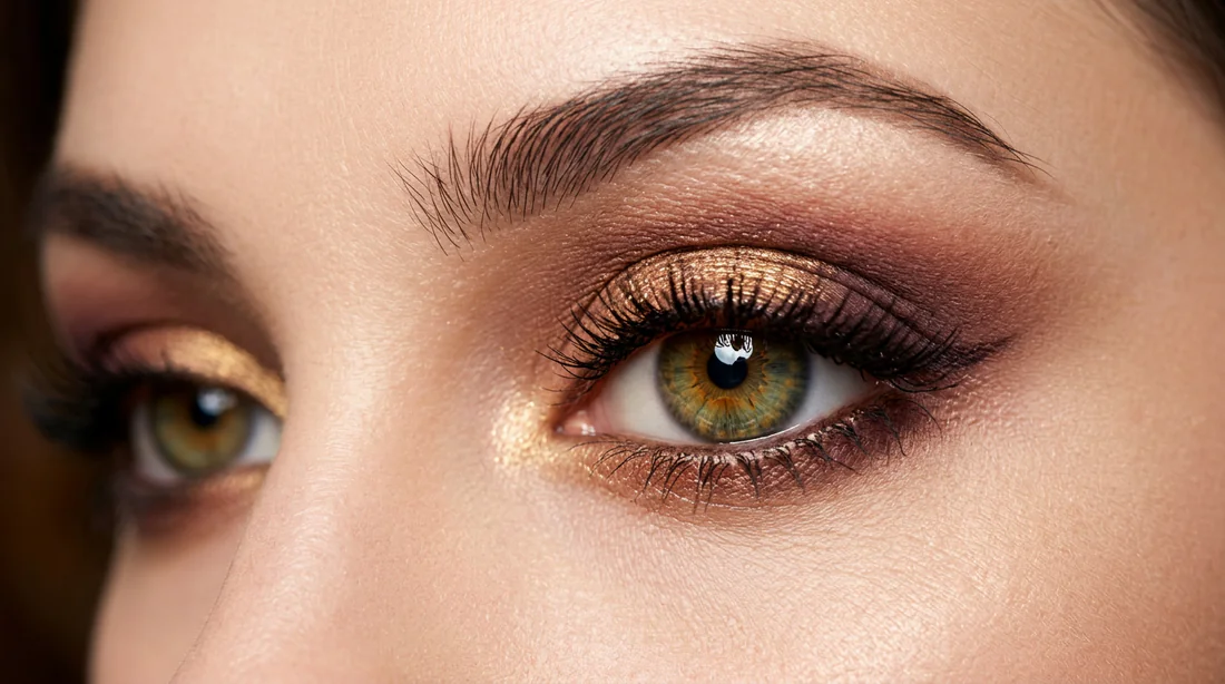 Maquillage yeux hazel avec fard bronze et prune pour faire ressortir le vert