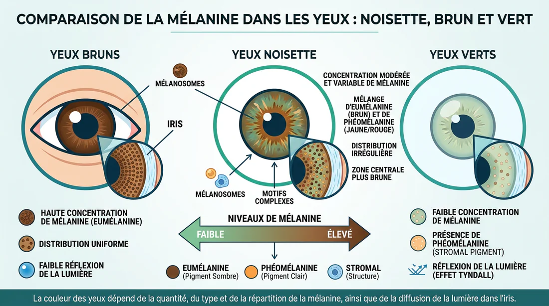 Schéma anatomique montrant la concentration de mélanine dans un œil hazel