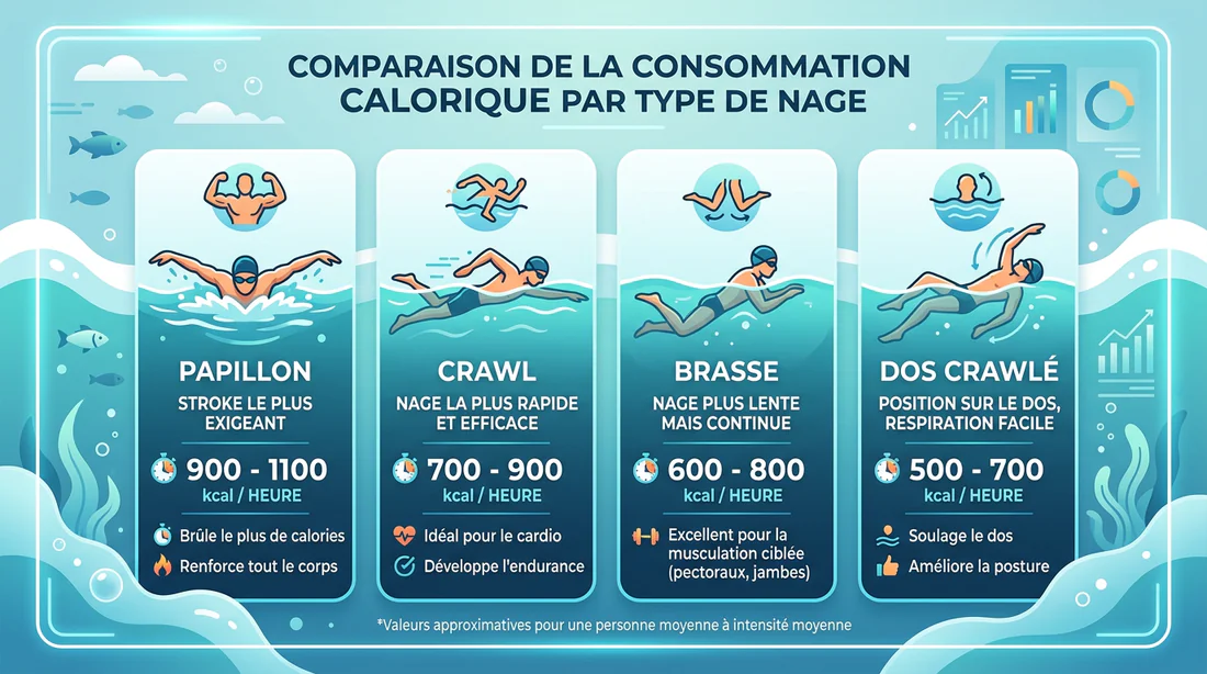 Infographie comparative des calories brûlées selon le style de nage
