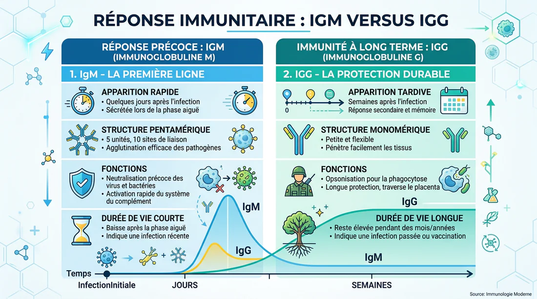 Schéma expliquant la différence entre la réponse immunitaire IgM et IgG