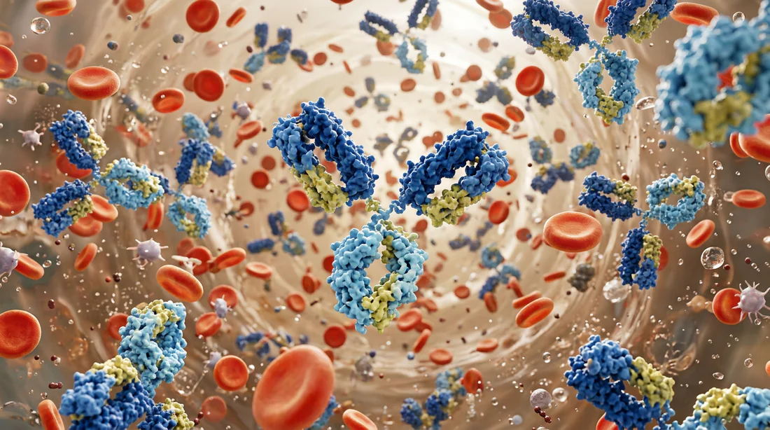 Représentation 3D d'anticorps IgG dans la circulation sanguine