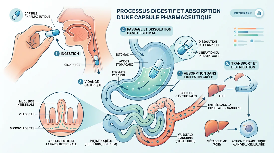 Schéma expliquant l'assimilation d'un comprimé par le système digestif