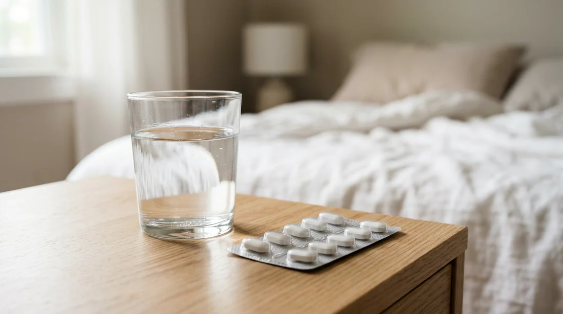 Verre d'eau et plaquette de comprimés anti-inflammatoires