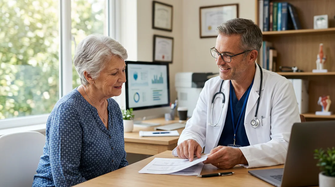 Médecin rassurant expliquant les résultats d'une prise de sang à son patient.