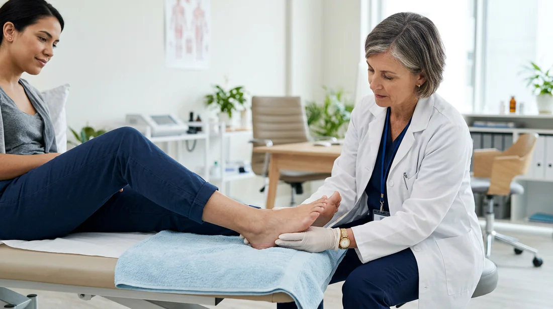 Examen médical et palpation de la zone du nerf sural par un médecin