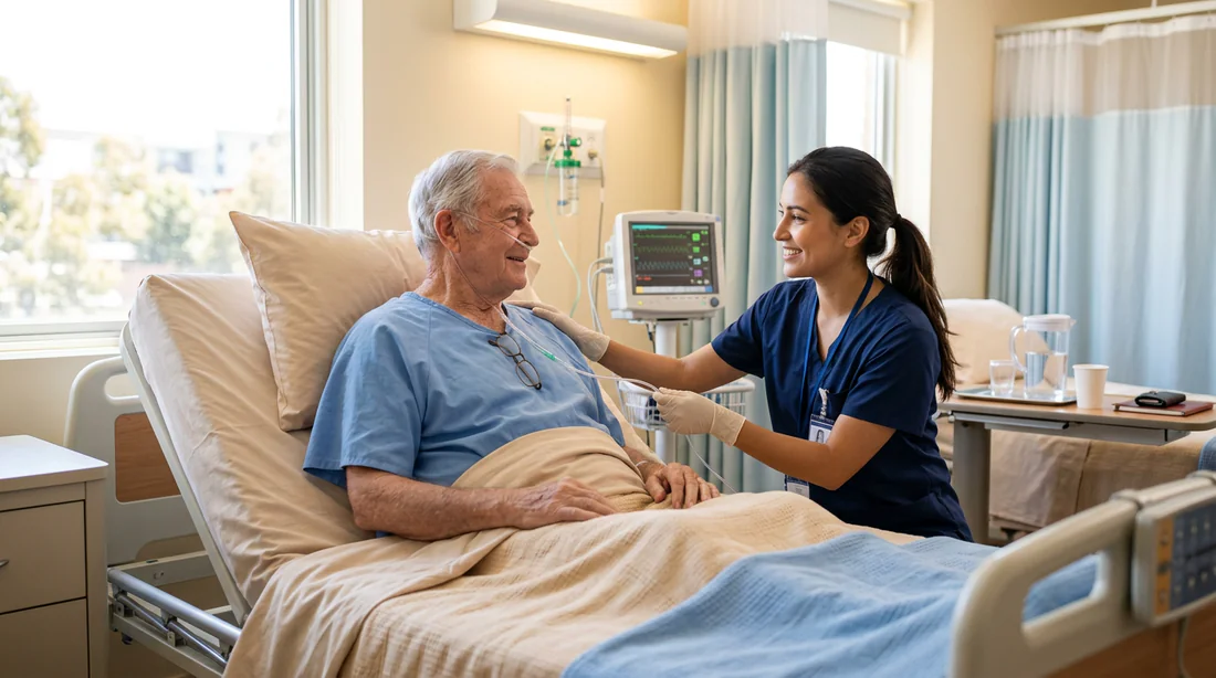 Patient en position assise recevant de l'oxygène pour soulager l'œdème pulmonaire