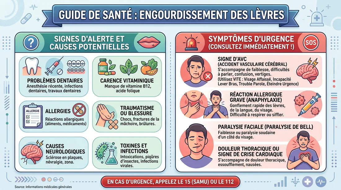 Infographie médicale résumant les symptômes d'urgence liés aux fourmillements de la lèvre.