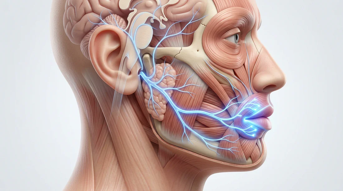 Schéma médical montrant les nerfs du visage connectés à la lèvre.