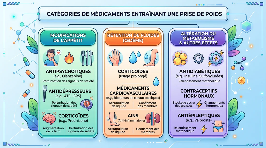Infographie en français des classes de médicaments influençant le poids