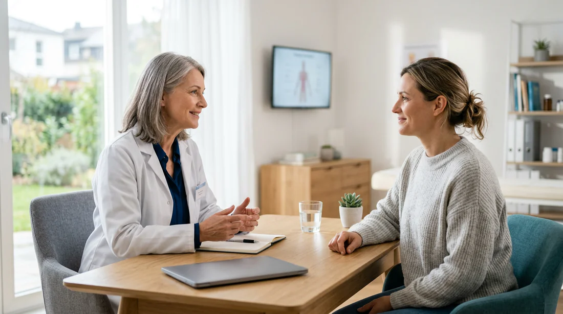 Patient détendu échangeant avec son médecin spécialisé dans un cabinet moderne.