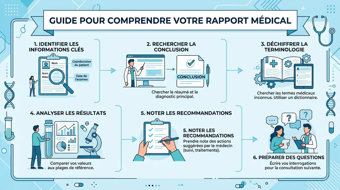 Infographie explicative pour lire et comprendre un compte-rendu médical.