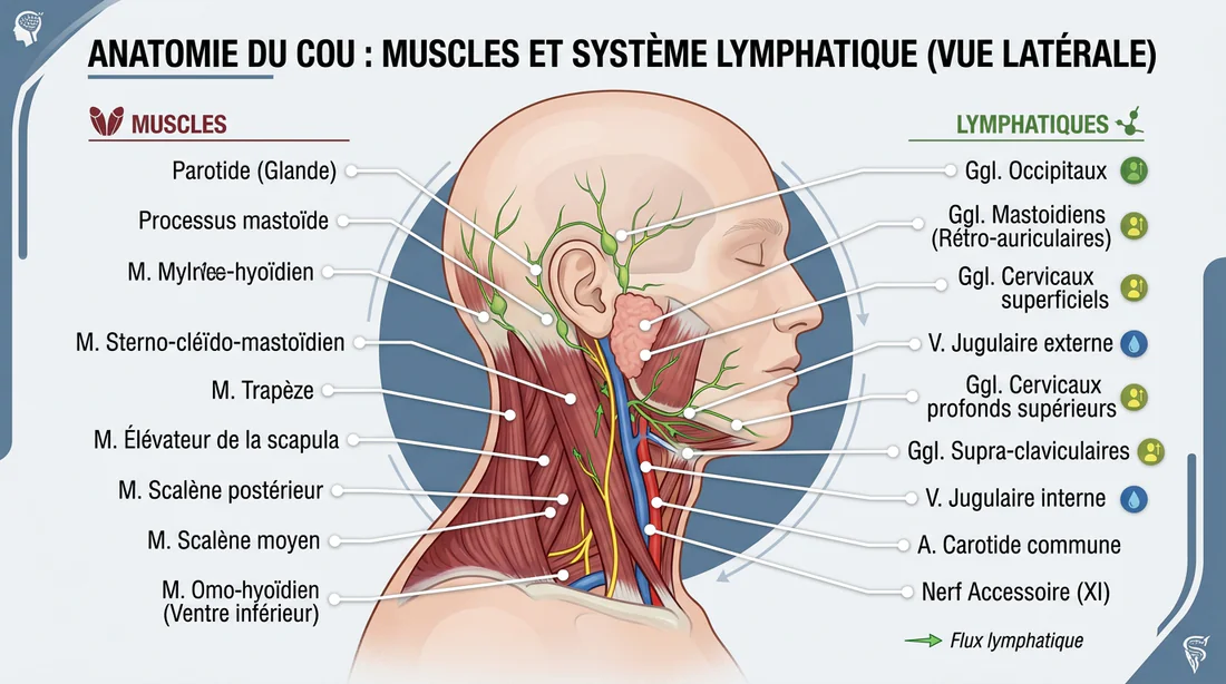 Schéma anatomique des points de pression et du réseau lymphatique derrière l'oreille