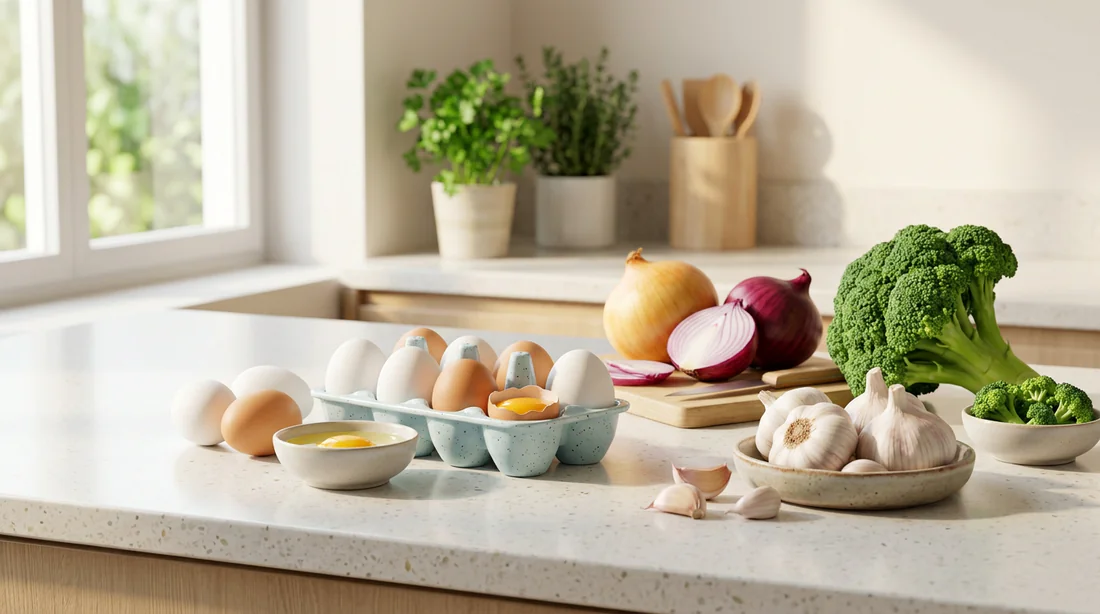 Aliments riches en soufre comme les œufs, l'ail et les brocolis