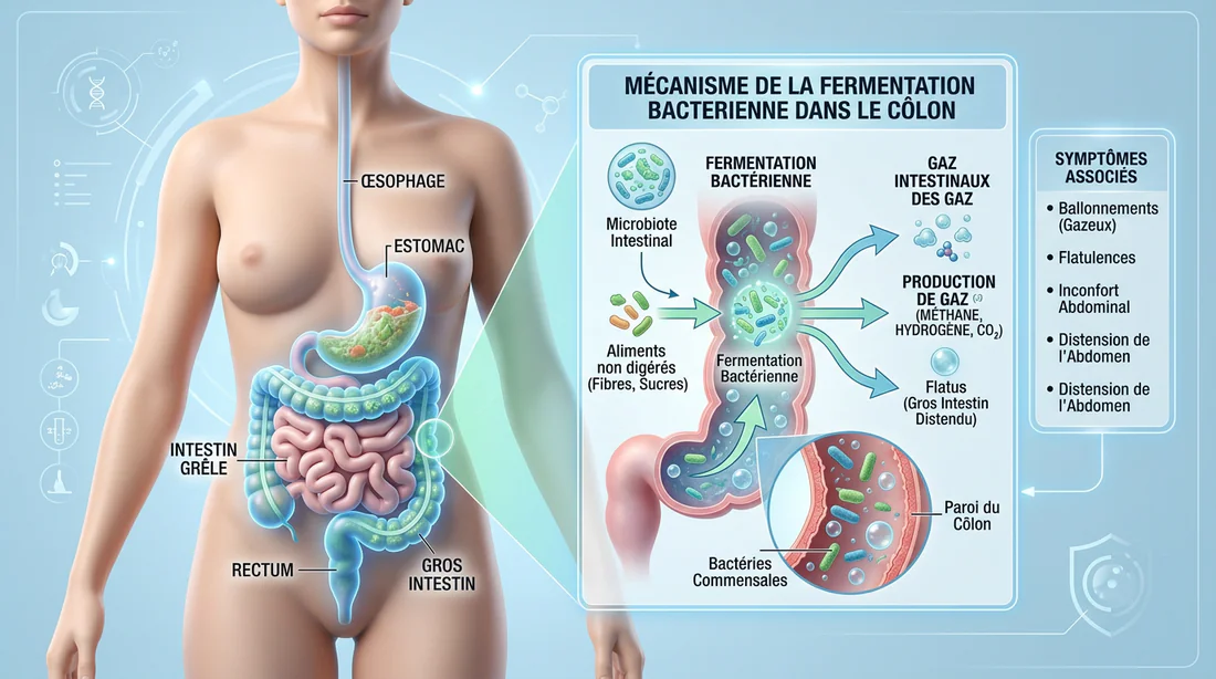 Schéma de la fermentation intestinale et de la production de gaz