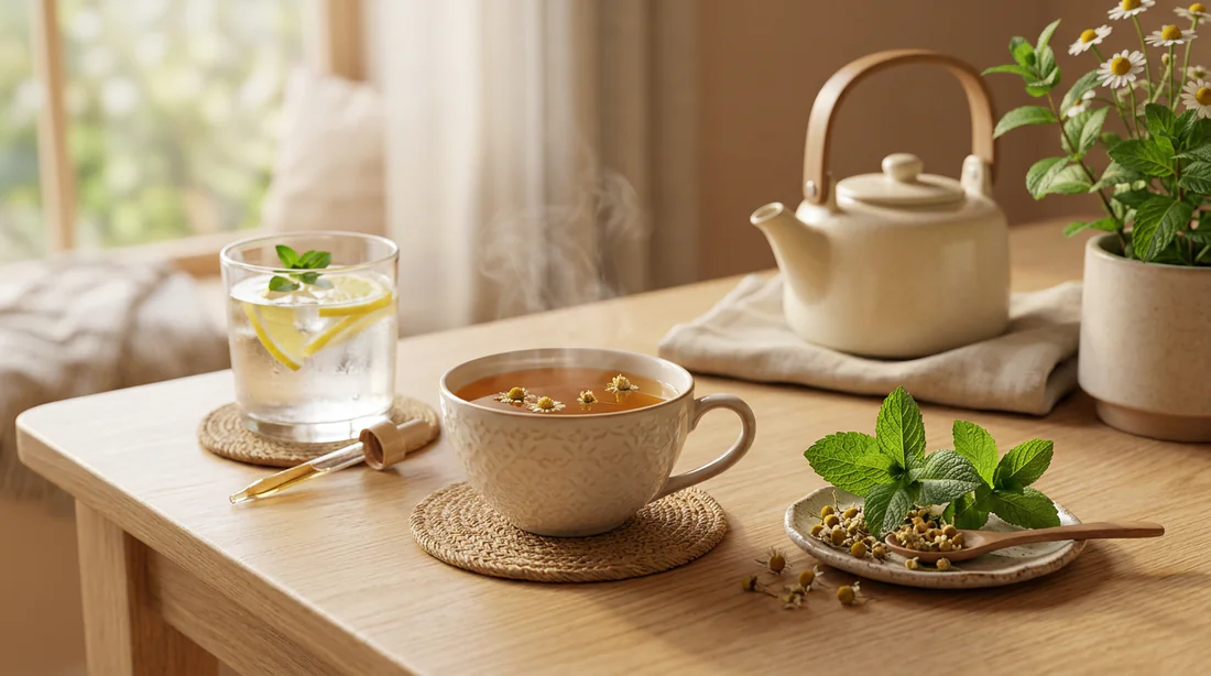 Remèdes naturels comme la tisane et l'eau citronnée pour soulager la digestion