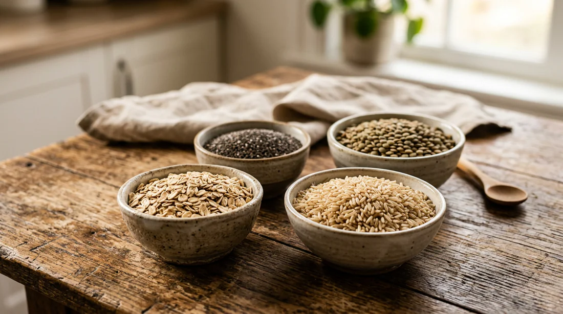 Variété d'aliments bruts et céréales complètes riches en fibres