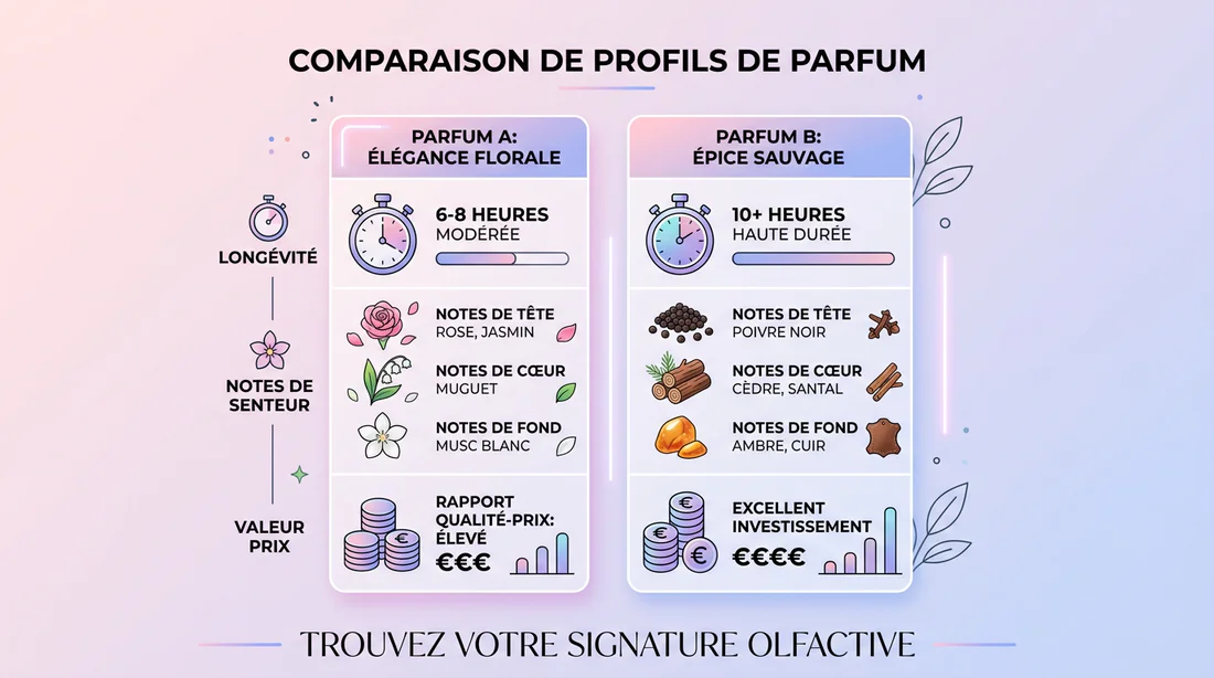 Infographie comparative des notes olfactives et du prix du parfum