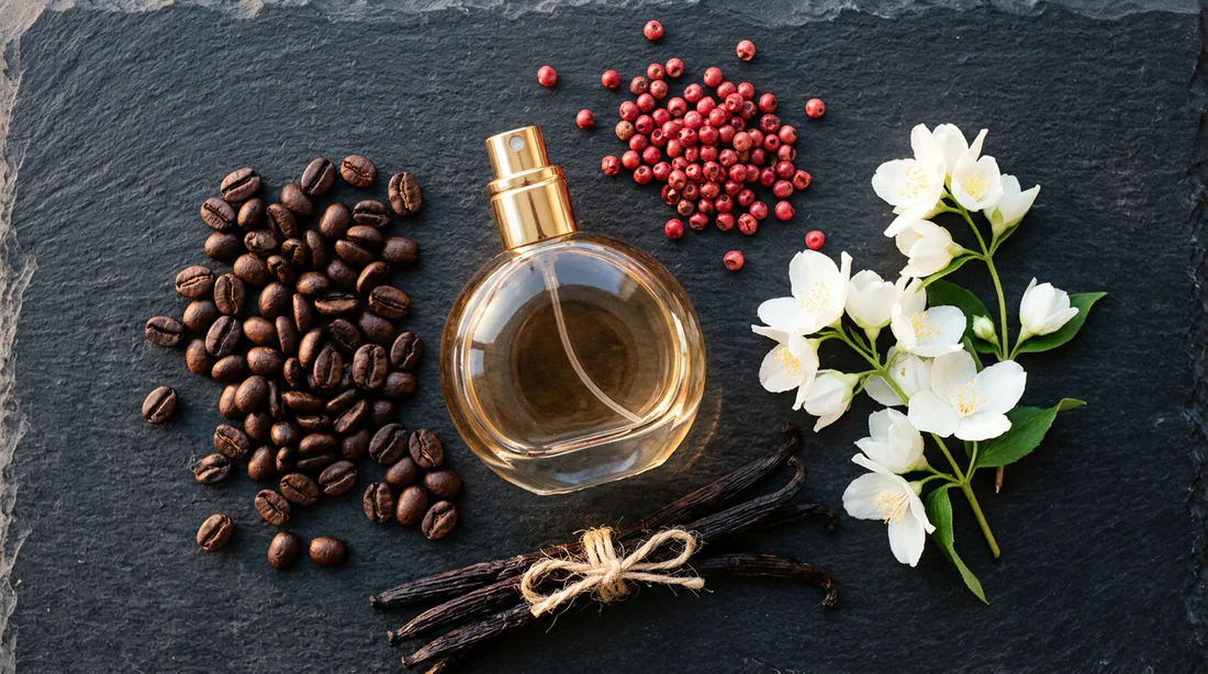Notes olfactives du parfum avec grains de café, gousse de vanille et fleurs de jasmin