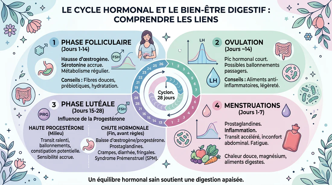 Schéma explicatif de l'impact du cycle hormonal sur le système digestif.