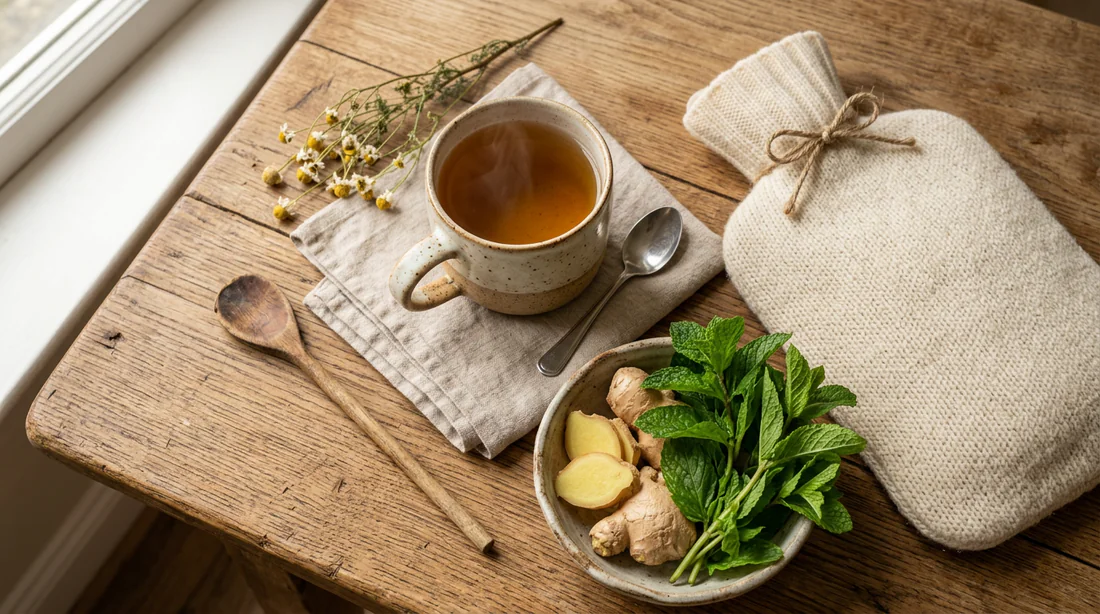 Infusion apaisante au gingembre et menthe avec bouillotte pour soulager les maux de ventre.