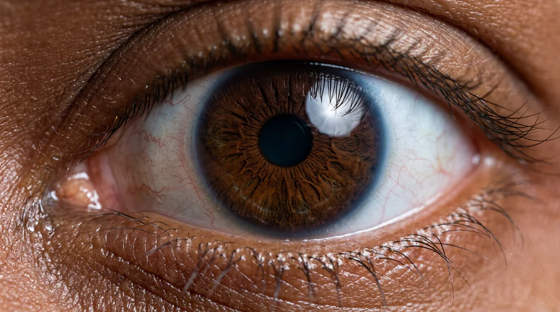 Gros plan macro d'un œil humain avec iris marron et anneau bleu périphérique
