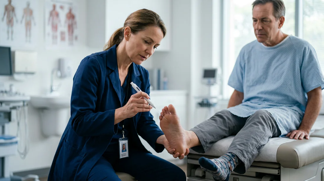 Un médecin neurologue effectuant un test de sensibilité au monofilament sur le pied d'un patient