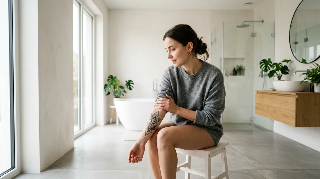 Une personne examinant un tatouage dans une salle de bain moderne lumineuse