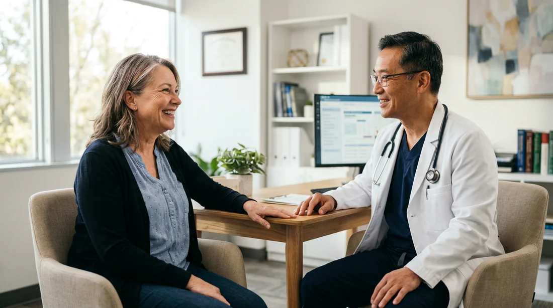 Patient rassuré discutant avec son chirurgien avant une intervention chirurgicale