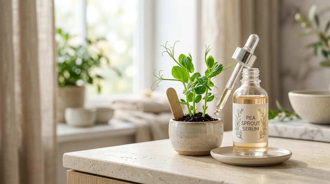 Flacon de sérum avec pipette à côté d'une pousse de pois verte dans un décor lumineux