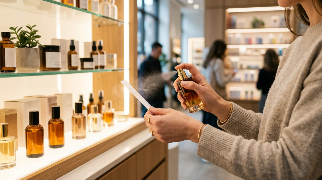 Test d'une eau de parfum sur touche olfactive en pharmacie
