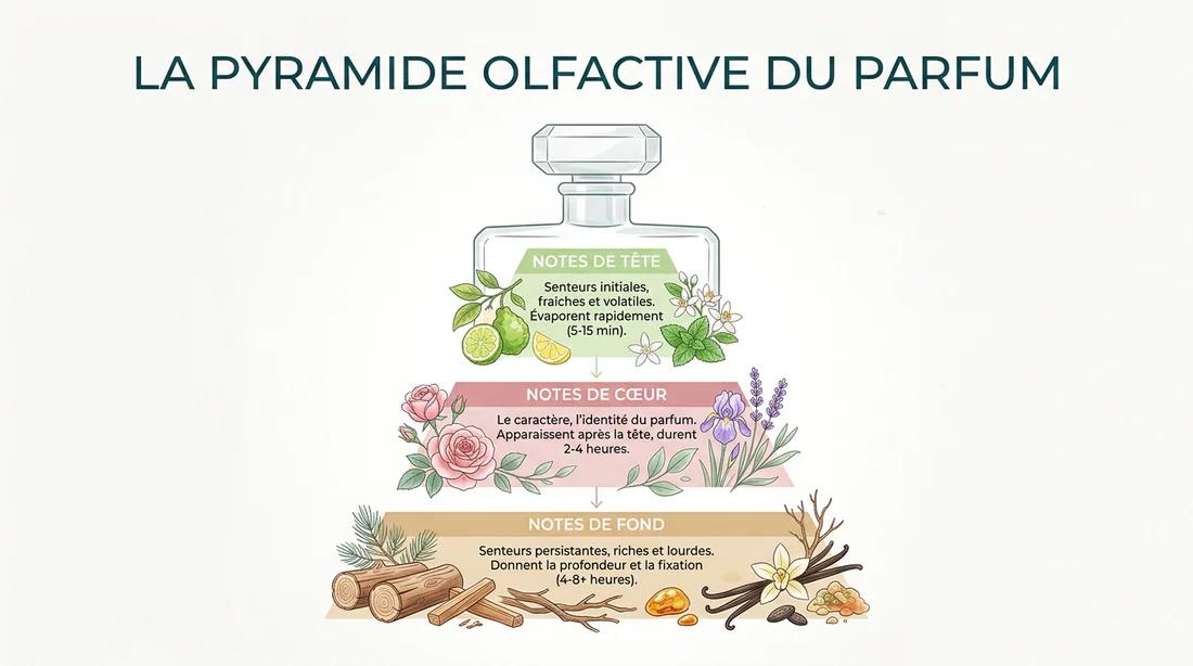 Infographie de la pyramide olfactive des équivalences de parfum