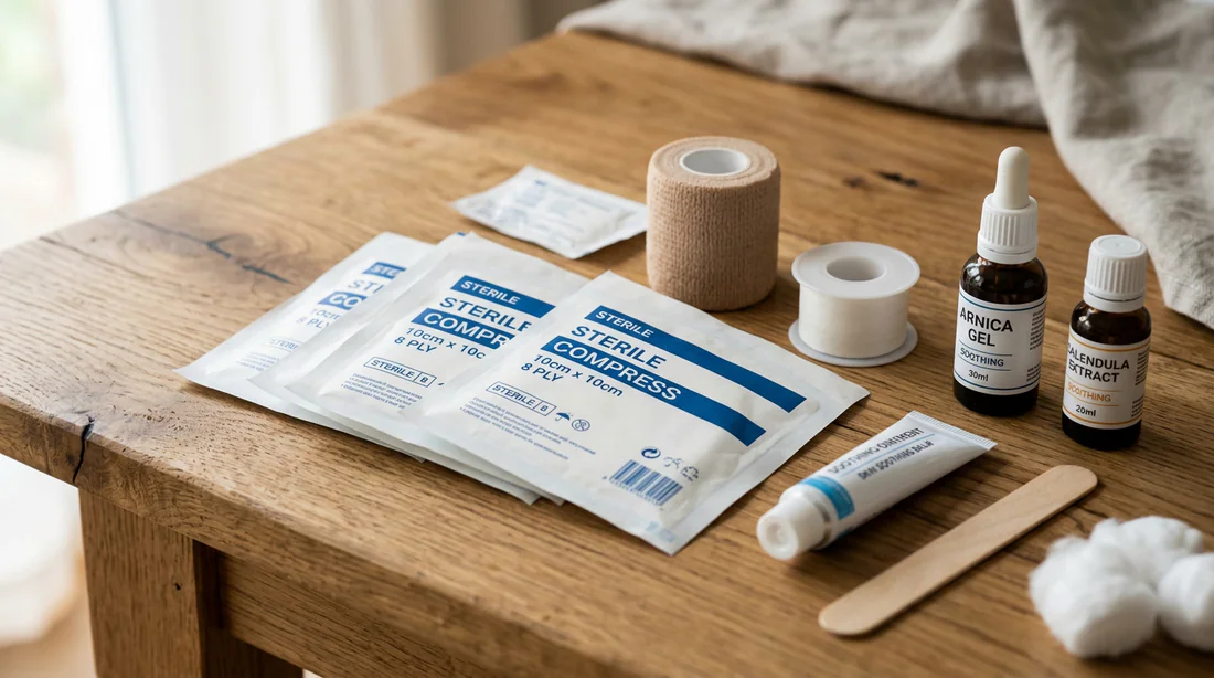 Matériel de soin et compresses chaudes pour traiter une infection locale