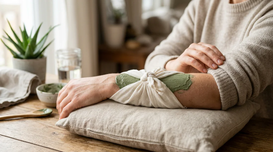 Pose d'un cataplasme d'argile verte enveloppé dans un linge en coton
