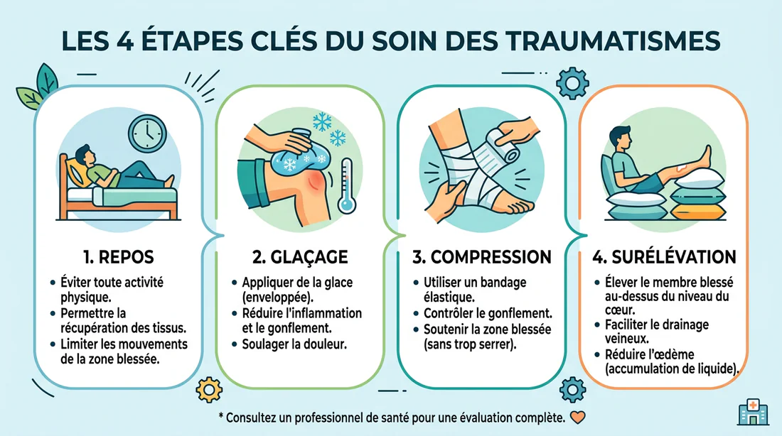 Schéma explicatif des 4 étapes clés de prise en charge d'une entorse