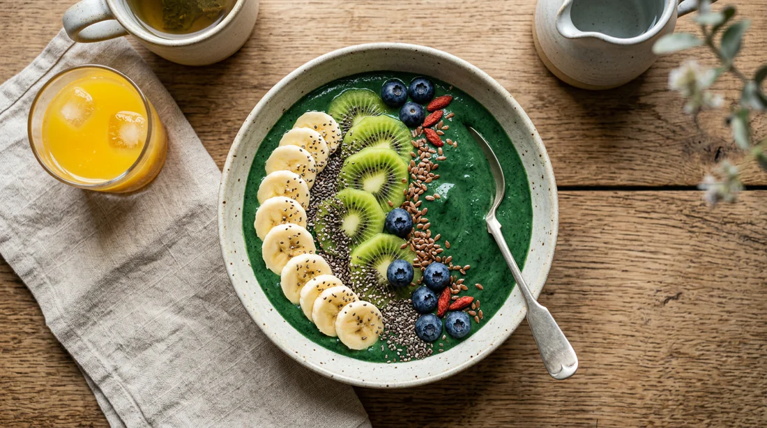 Bol de smoothie à la spiruline garni de fruits frais pour le petit-déjeuner.