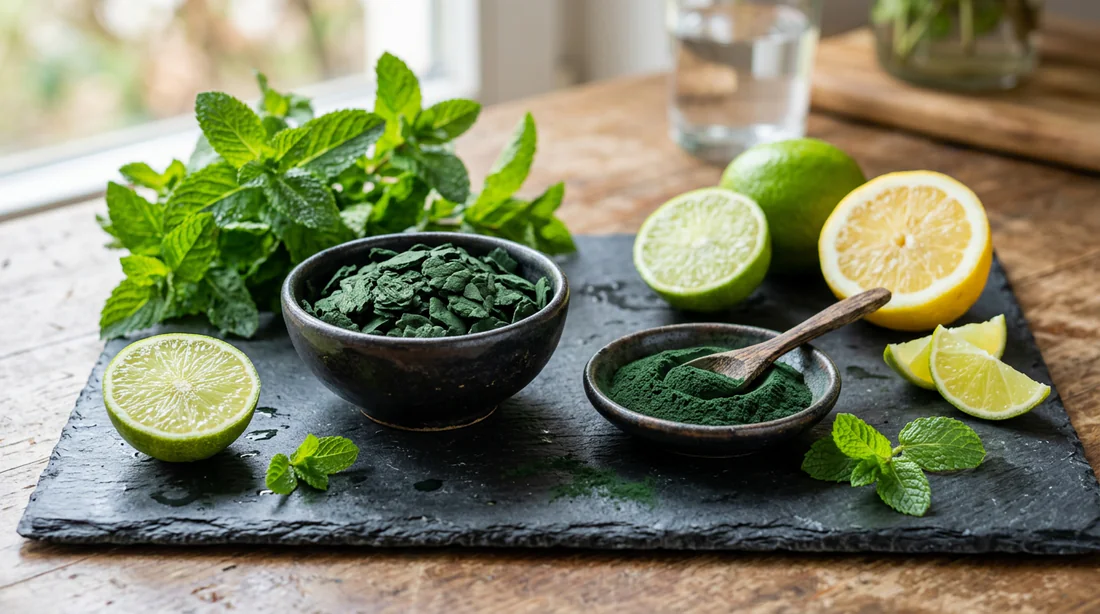Spiruline sous forme de paillettes et de poudre avec des ingrédients frais.
