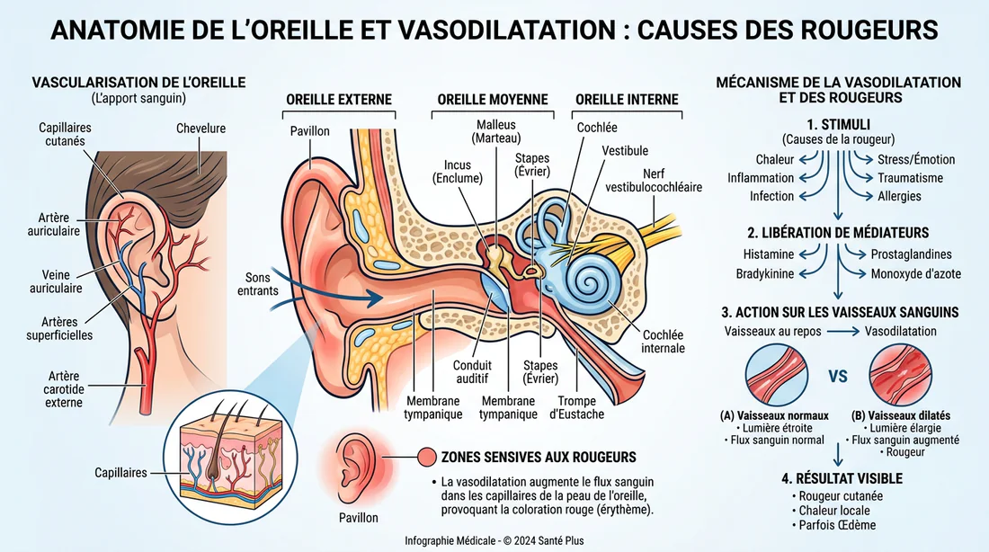 Schéma anatomique expliquant les causes de la vasodilation et de l'oreille rouge