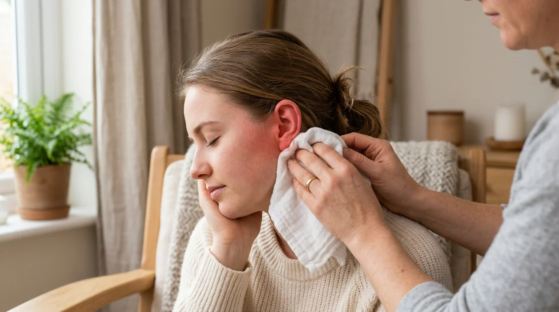 Application d'une compresse froide sur une oreille chaude pour apaiser la douleur