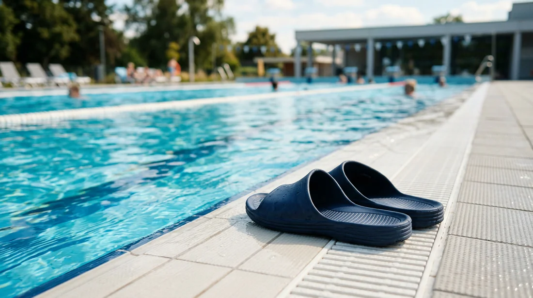 Port de claquettes au bord d'une piscine pour prévenir l'apparition des verrues